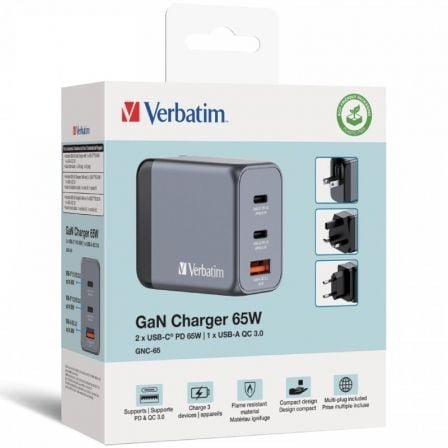 Cargador de Pared Universal GaN para Viaje Verbatim GNC-65/ 2xUSB Tipo-C/ 1xUSB/ 65W - Imagen 3