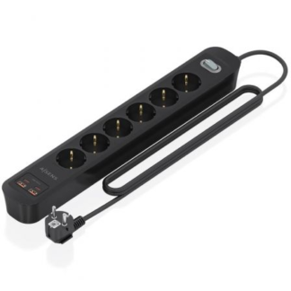 Regleta con Interruptor Aisens ASPS-2A2C17-BK/ 6 Tomas de Corriente/ 2 USB - 2 USB Tipo-C/ Cable 1.4m/ Negro