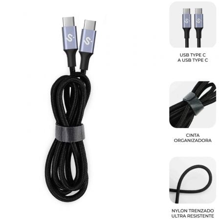 Cable USB 2.0 Tipo-C Subblim Plus/ USB Tipo-C Macho - USB Tipo-C Macho/ Hasta 100W/ 480Mbps/ 2m/ Negro - Imagen 2