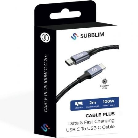 Cable USB 2.0 Tipo-C Subblim Plus/ USB Tipo-C Macho - USB Tipo-C Macho/ Hasta 100W/ 480Mbps/ 2m/ Negro - Imagen 5