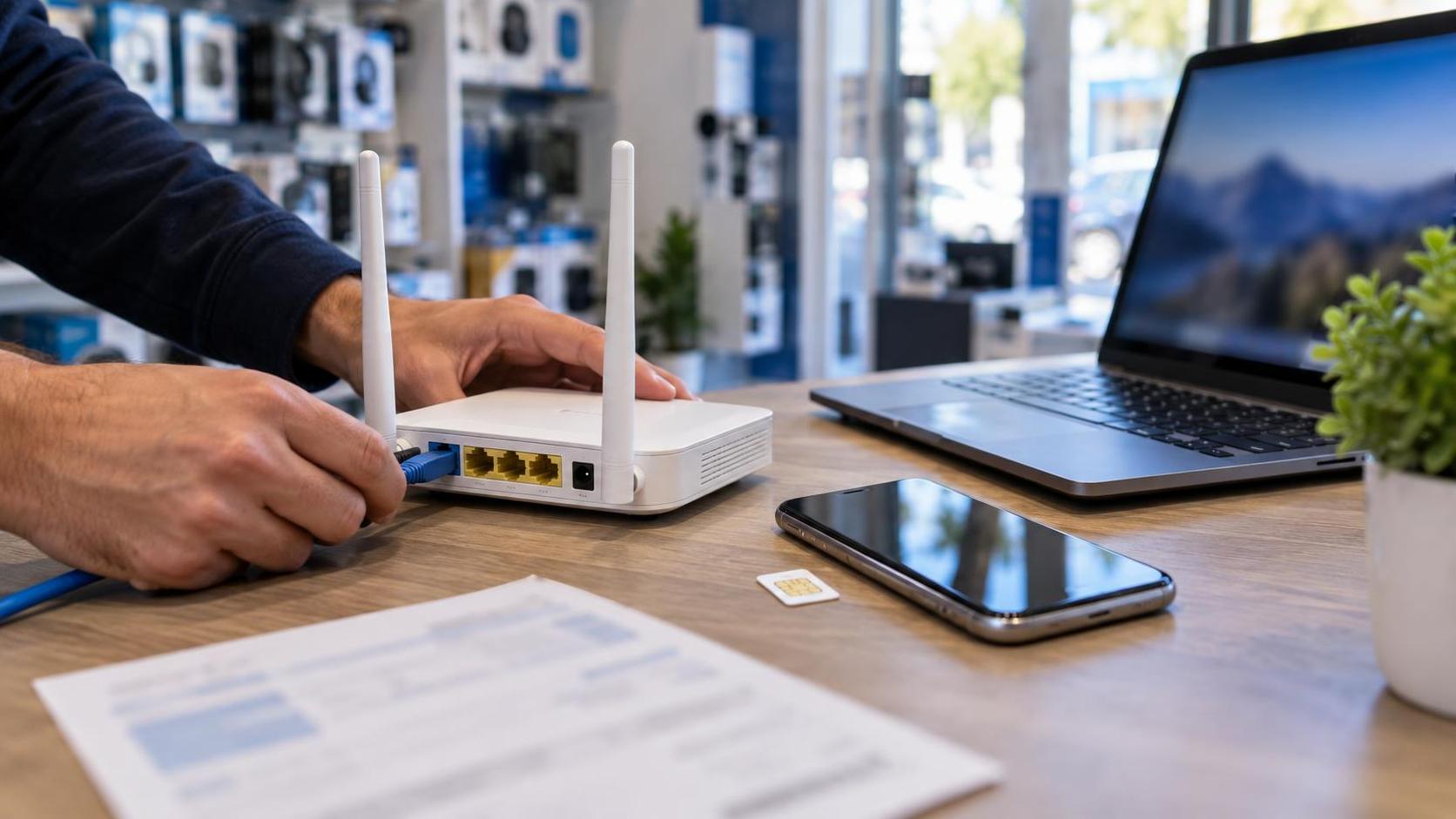 Router, móvil y tarjeta SIM sobre un mostrador de tienda de informática