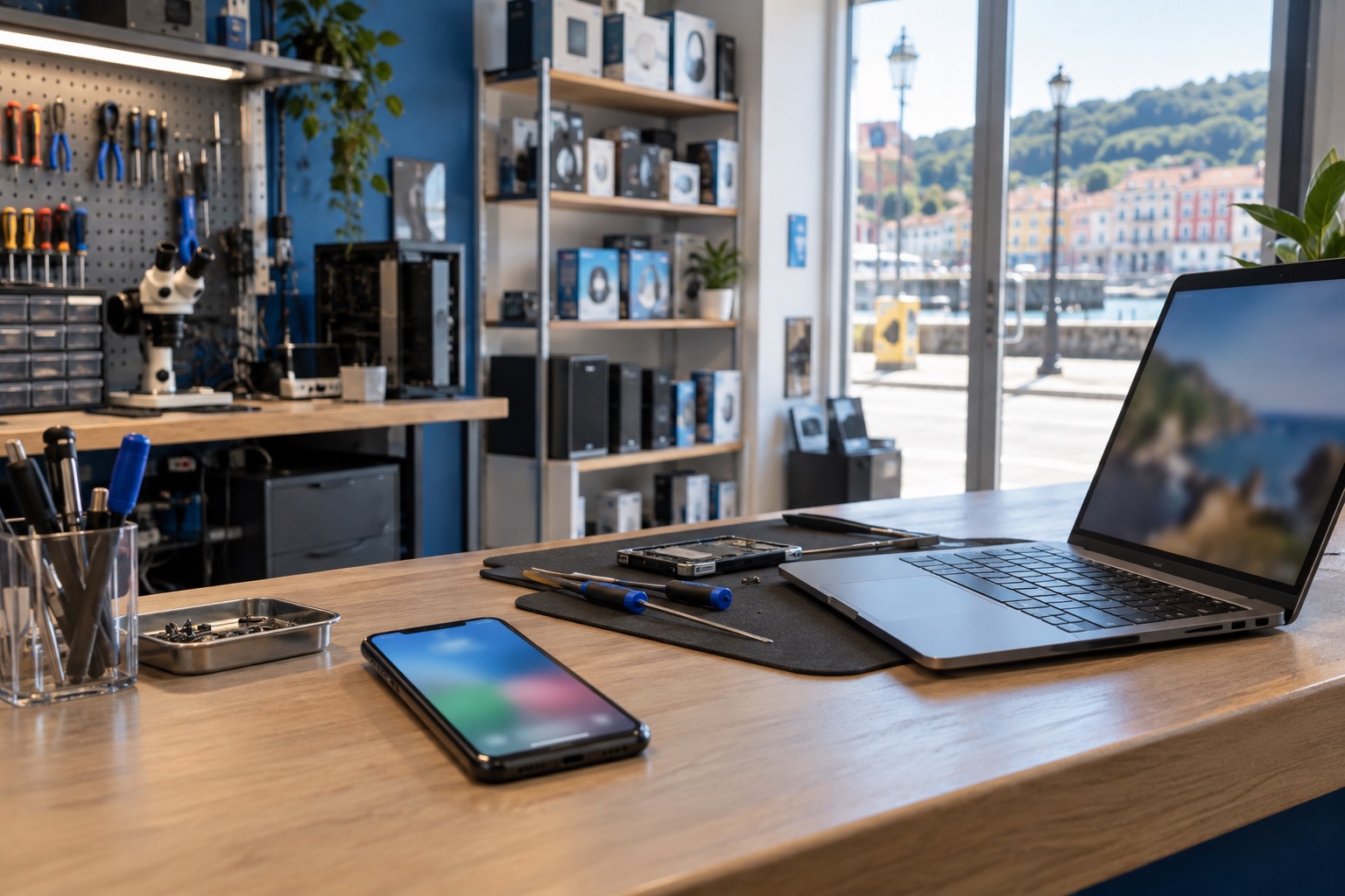 Móvil y portátil sobre el mostrador de un taller de informática