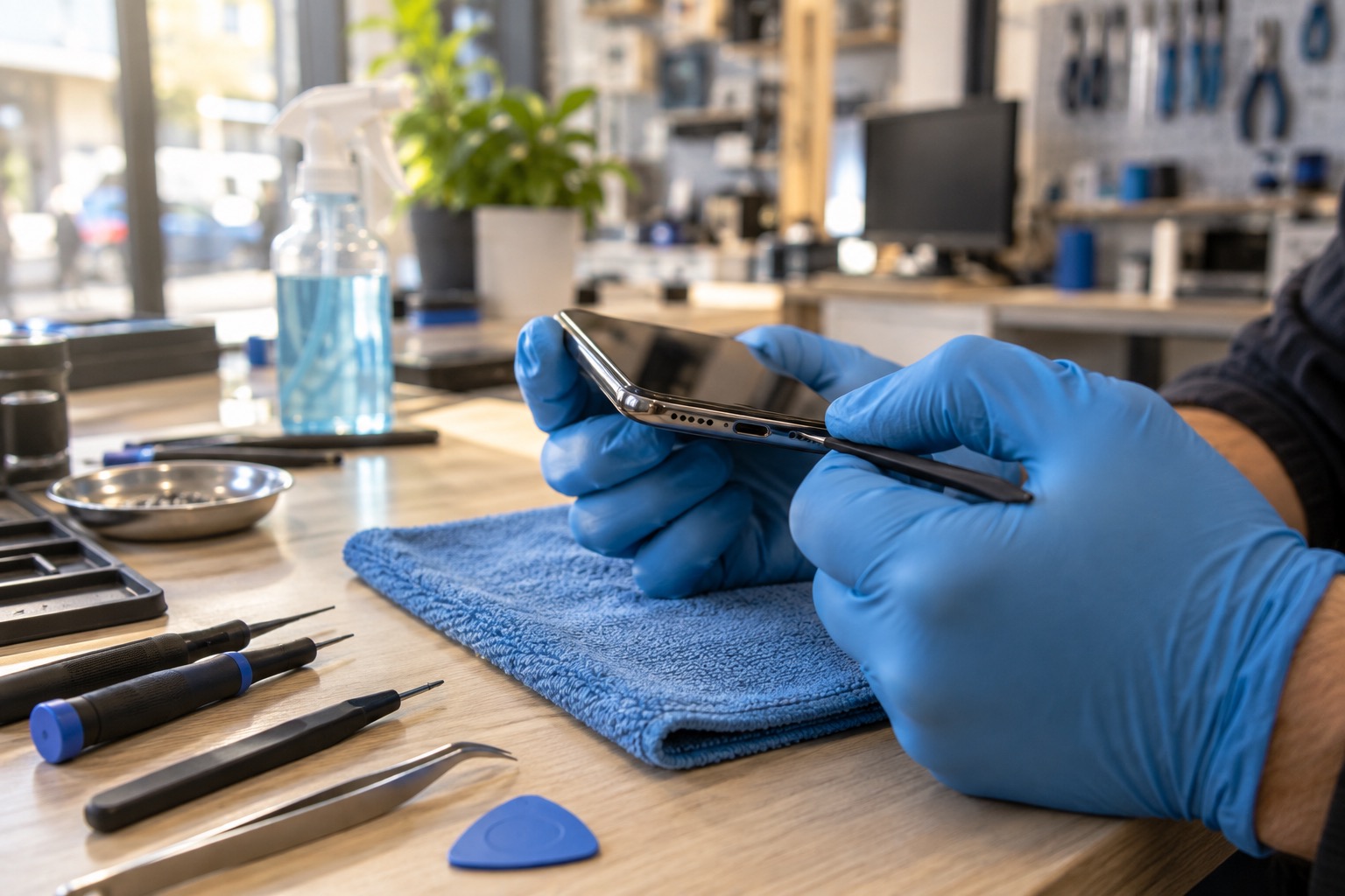 Móvil revisado con guantes sobre una bayeta azul en un taller de informática