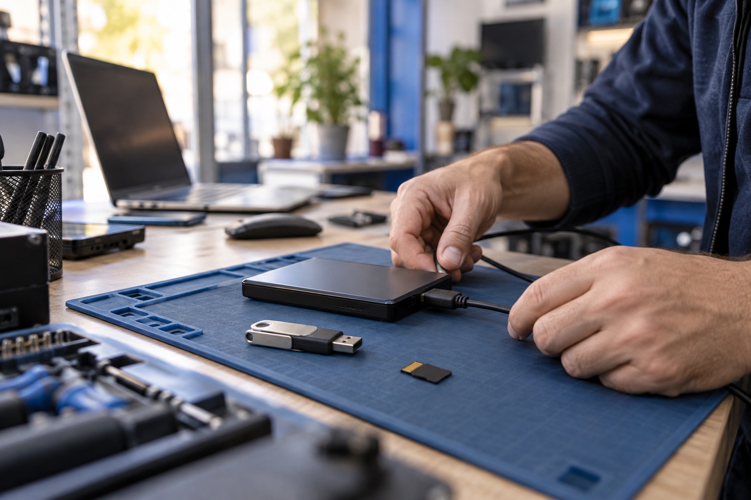 Técnico revisando un disco externo junto a un pendrive y una tarjeta microSD en un taller de informática
