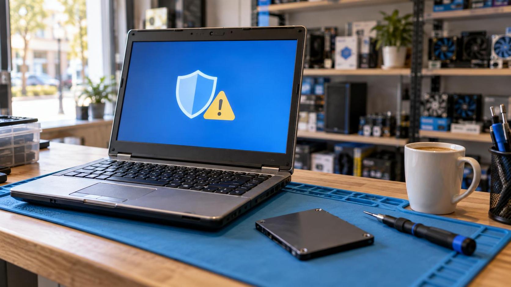 Portátil con aviso de seguridad en el mostrador de una tienda de informática, junto a un SSD nuevo