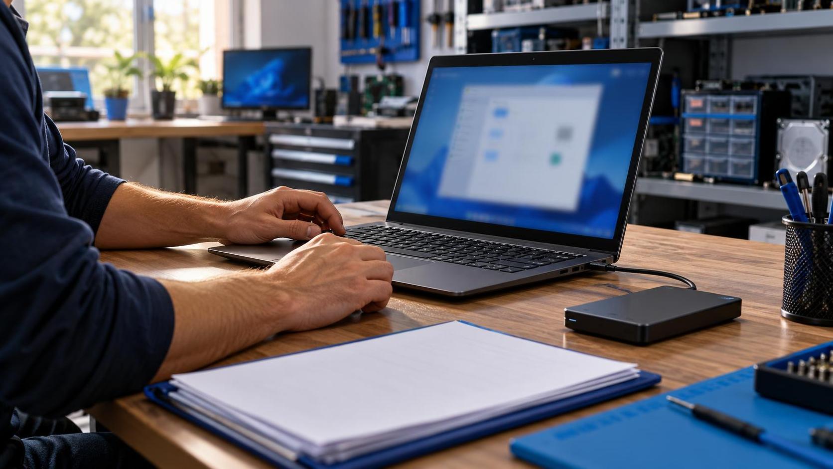 Portátil en un taller de informática conectado a un disco externo para revisar archivos de usuario