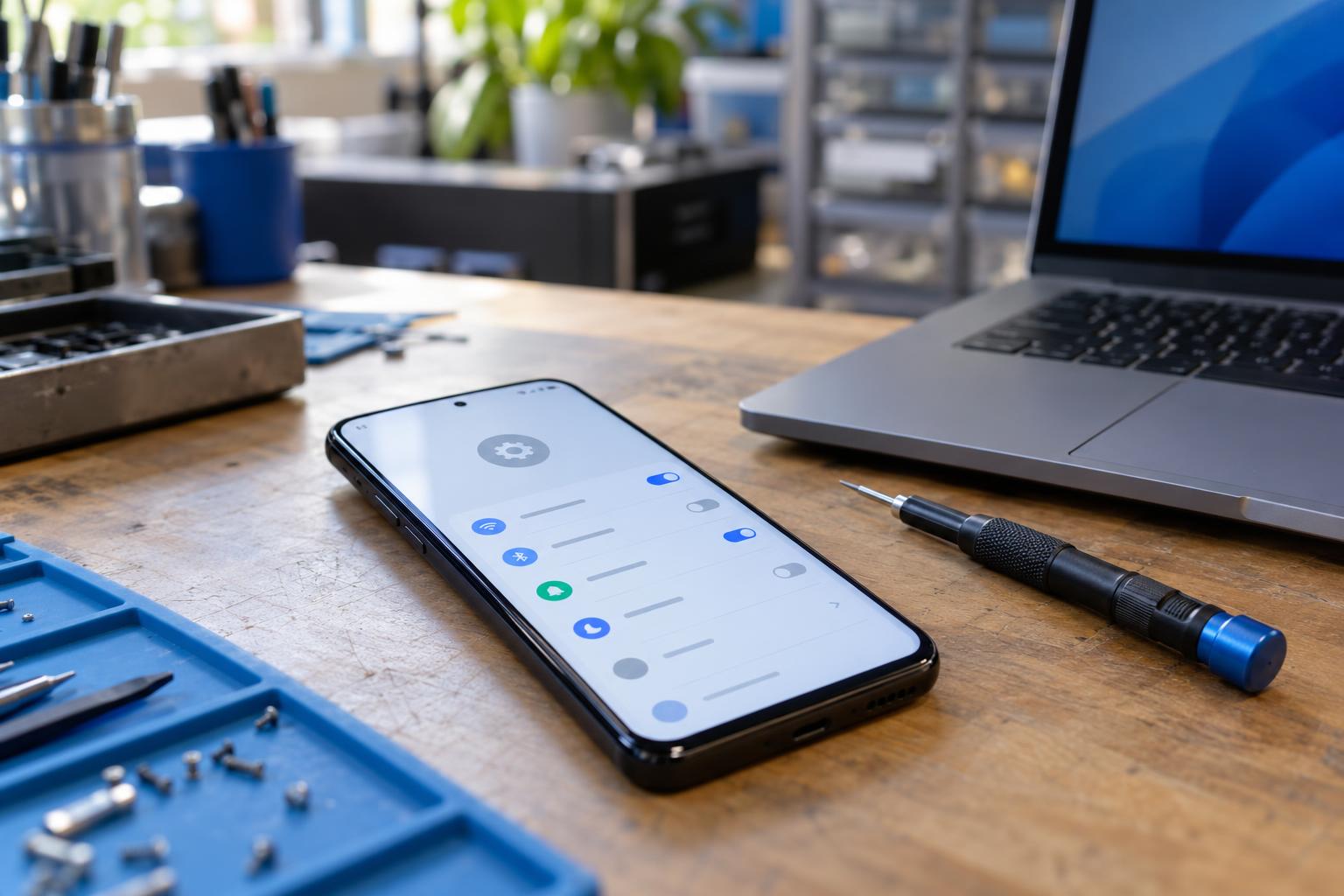 Móvil Android mostrando ajustes de seguridad junto a herramientas de reparación en un taller