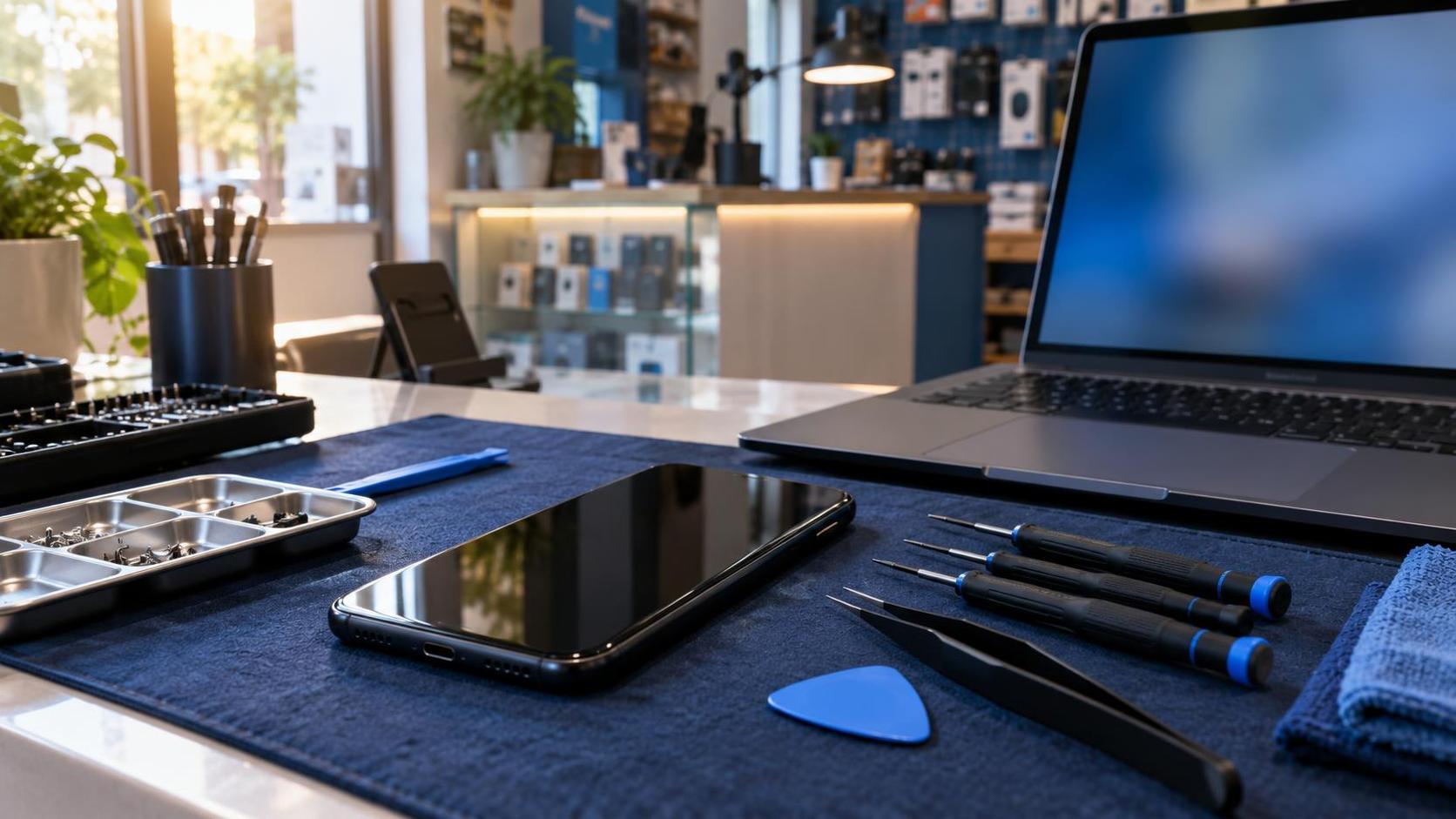 Móvil Android sobre mesa de reparación con portátil y herramientas en taller de informática