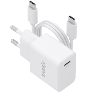 Cargador de Pared GaN Aisens ASCH-20W1P081-W/ 1xUSB Tipo-C/ 20W/ Blanco/ Incluye Cable USB Tipo-C