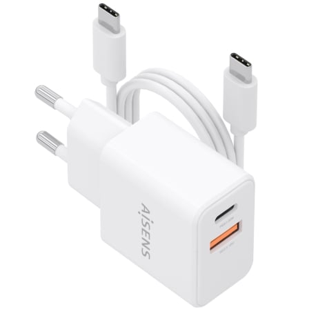 Cargador de Pared GaN Aisens ASCH-20W2P083-W/ 1xUSB Tipo-C/ 1xUSB/ 20W/ Blanco/ Incluye Cable USB Tipo-C