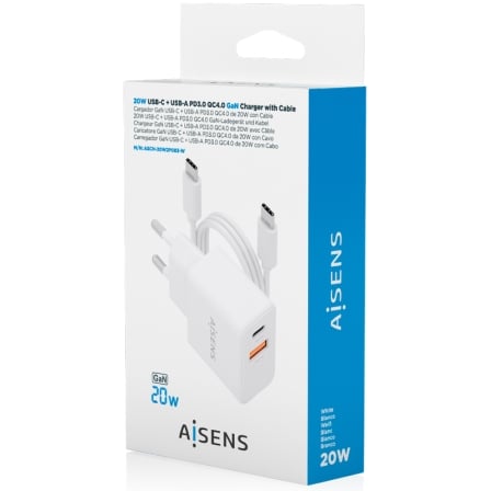 Cargador de Pared GaN Aisens ASCH-20W2P083-W/ 1xUSB Tipo-C/ 1xUSB/ 20W/ Blanco/ Incluye Cable USB Tipo-C - Imagen 4