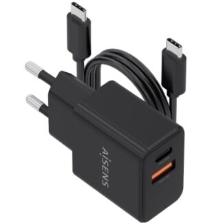 Cargador de Pared GaN Aisens ASCH-20W2P084-BK/ 1xUSB Tipo-C/ 1xUSB/ 20W/ Incluye Cable USB Tipo-C