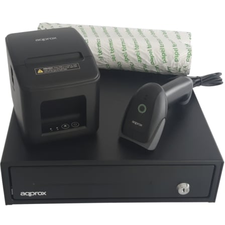 Pack para TPV Approx appPOSPACK3380USB-2D/ Cajón Portamonedas + Impresora Térmica de Tickets + Lector de Códigos + Rollos Térmicos
