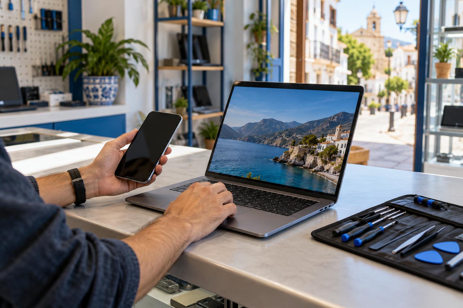Persona comparando un portátil y un móvil en el mostrador de un taller informático