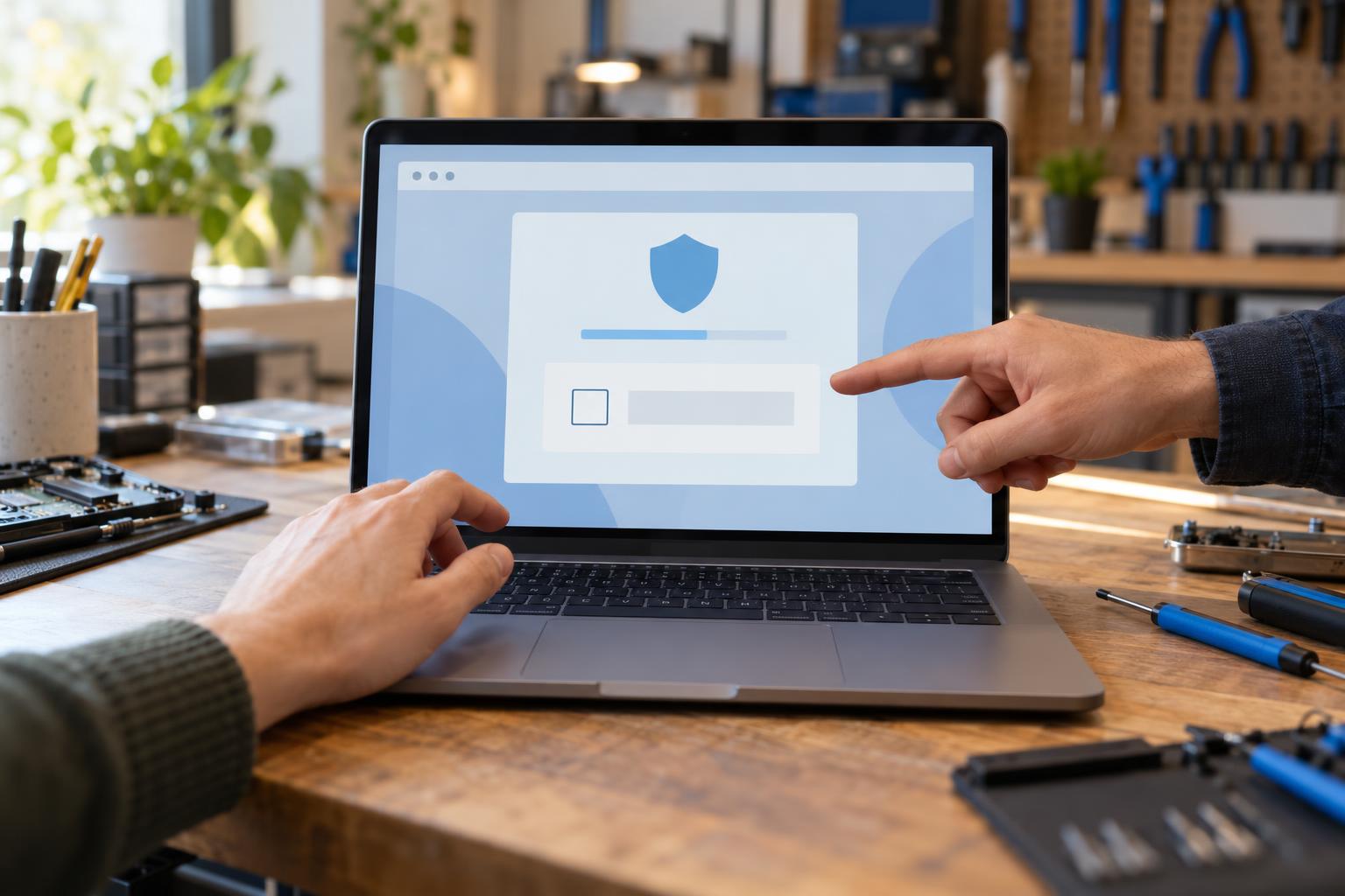Portátil con una verificación de seguridad genérica en el mostrador de un taller informático