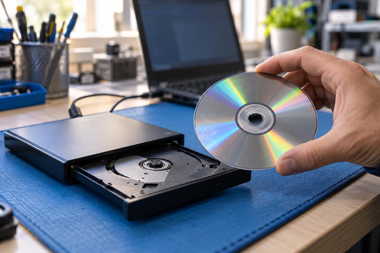 Mano sujetando un CD junto a un lector óptico externo en un taller de informática