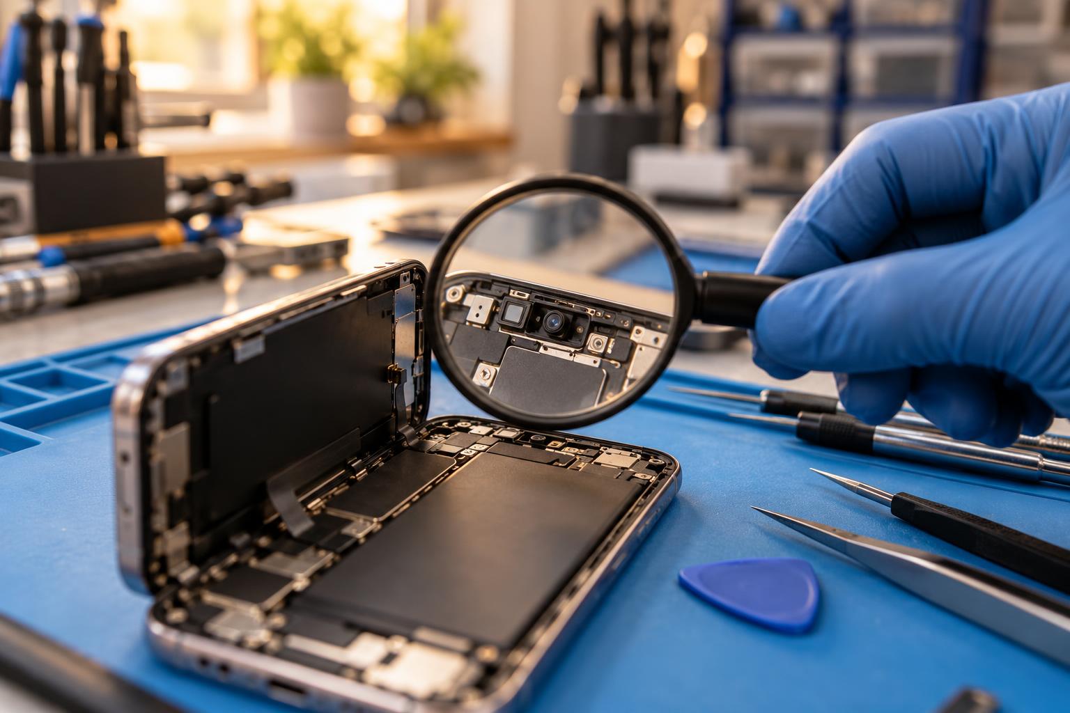Técnico revisando con lupa los sensores frontales de un iPhone abierto en un taller de reparación
