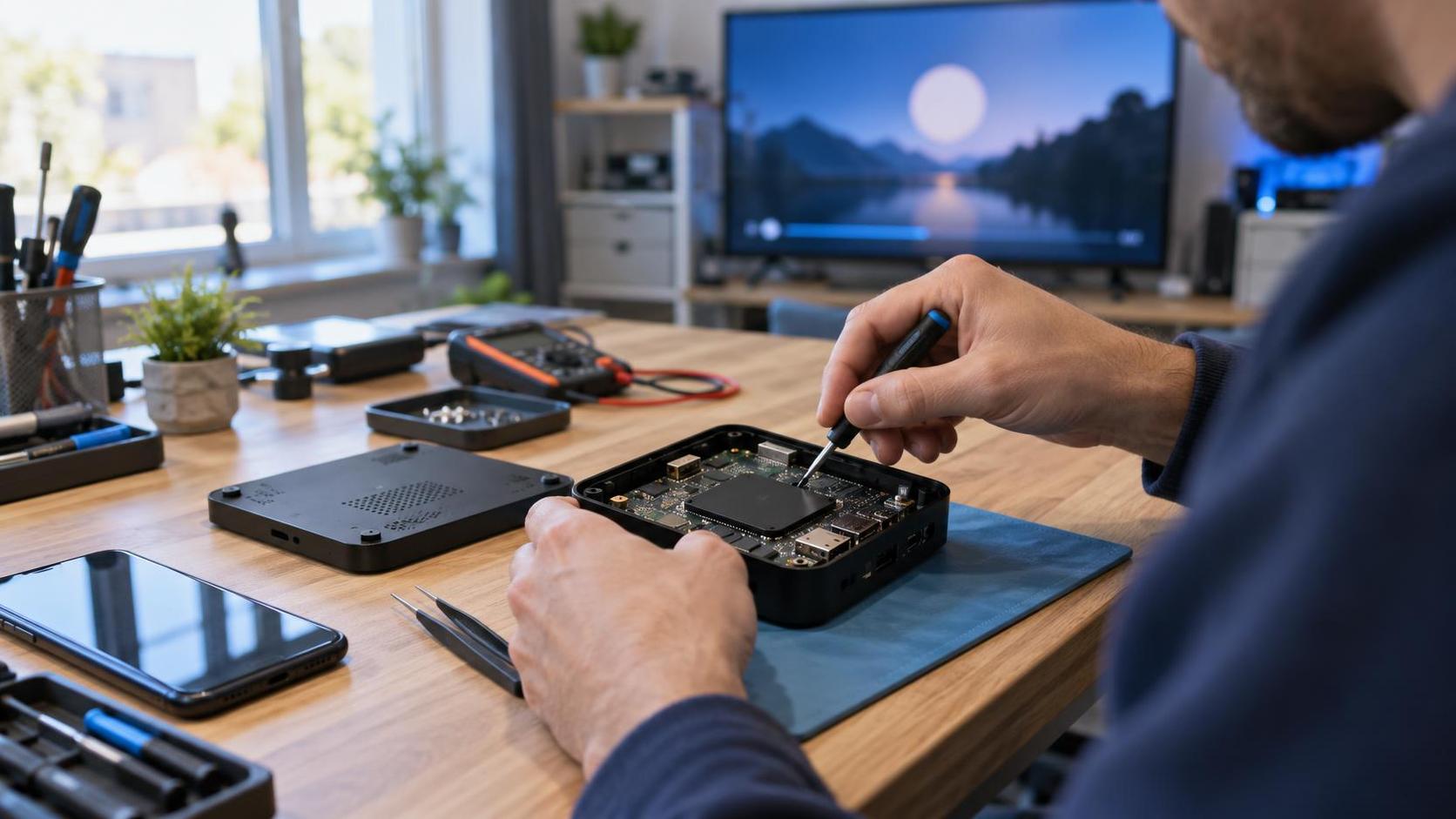 Técnico revisando una TV Box Android abierta junto a un móvil en un taller de informática