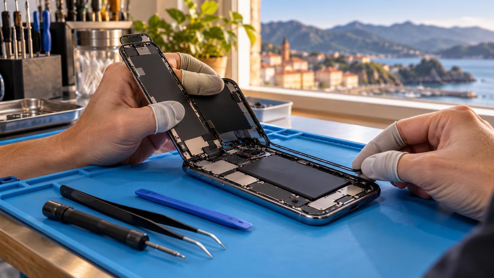 Técnico revisando el sellado de un teléfono móvil abierto en una mesa de taller
