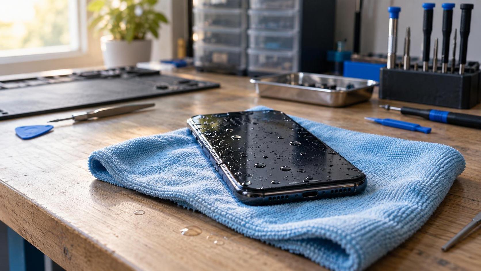 Móvil mojado sobre un paño azul en el mostrador de un taller de informática