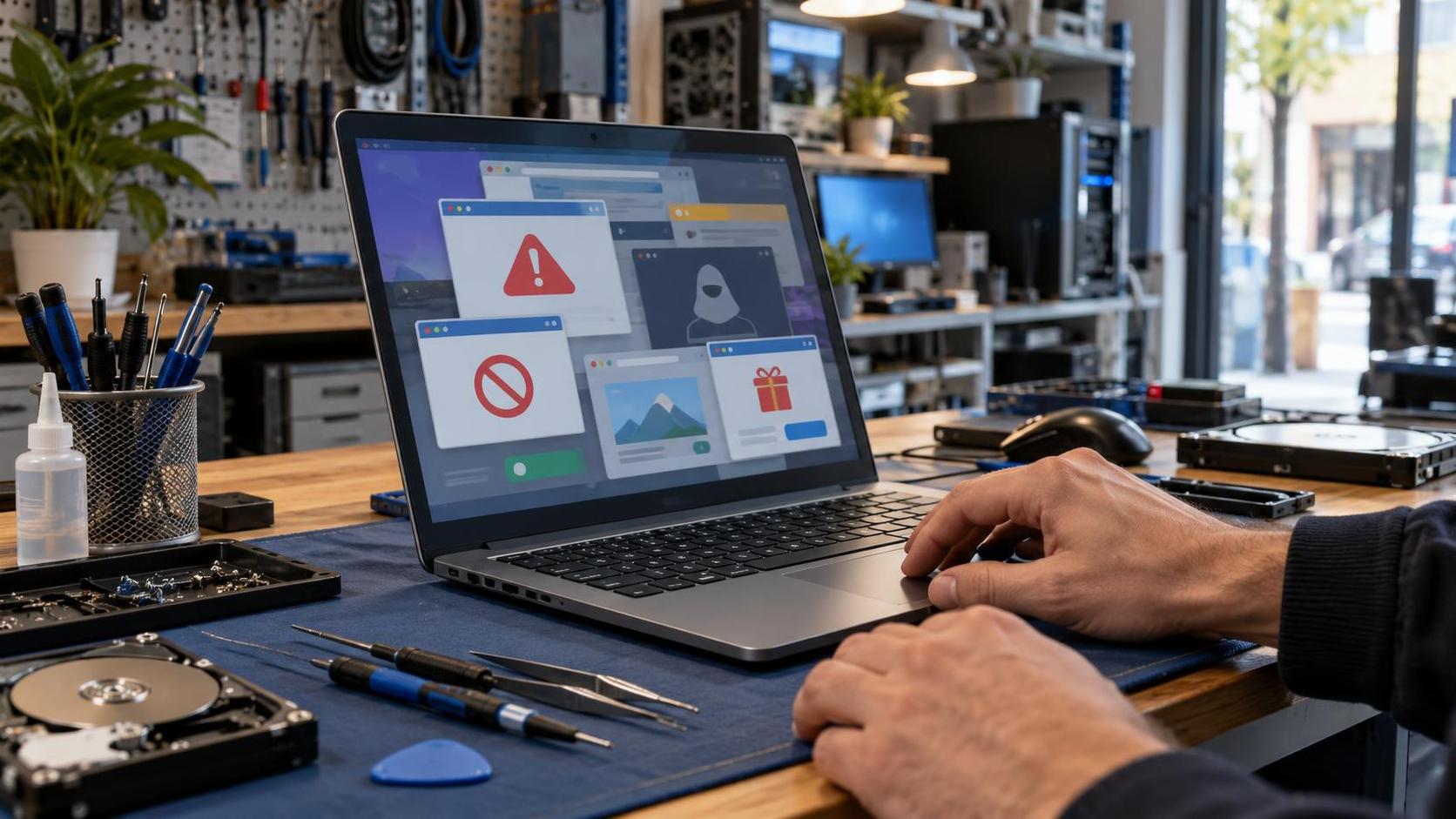 Portátil en un taller informático con avisos falsos de seguridad en pantalla
