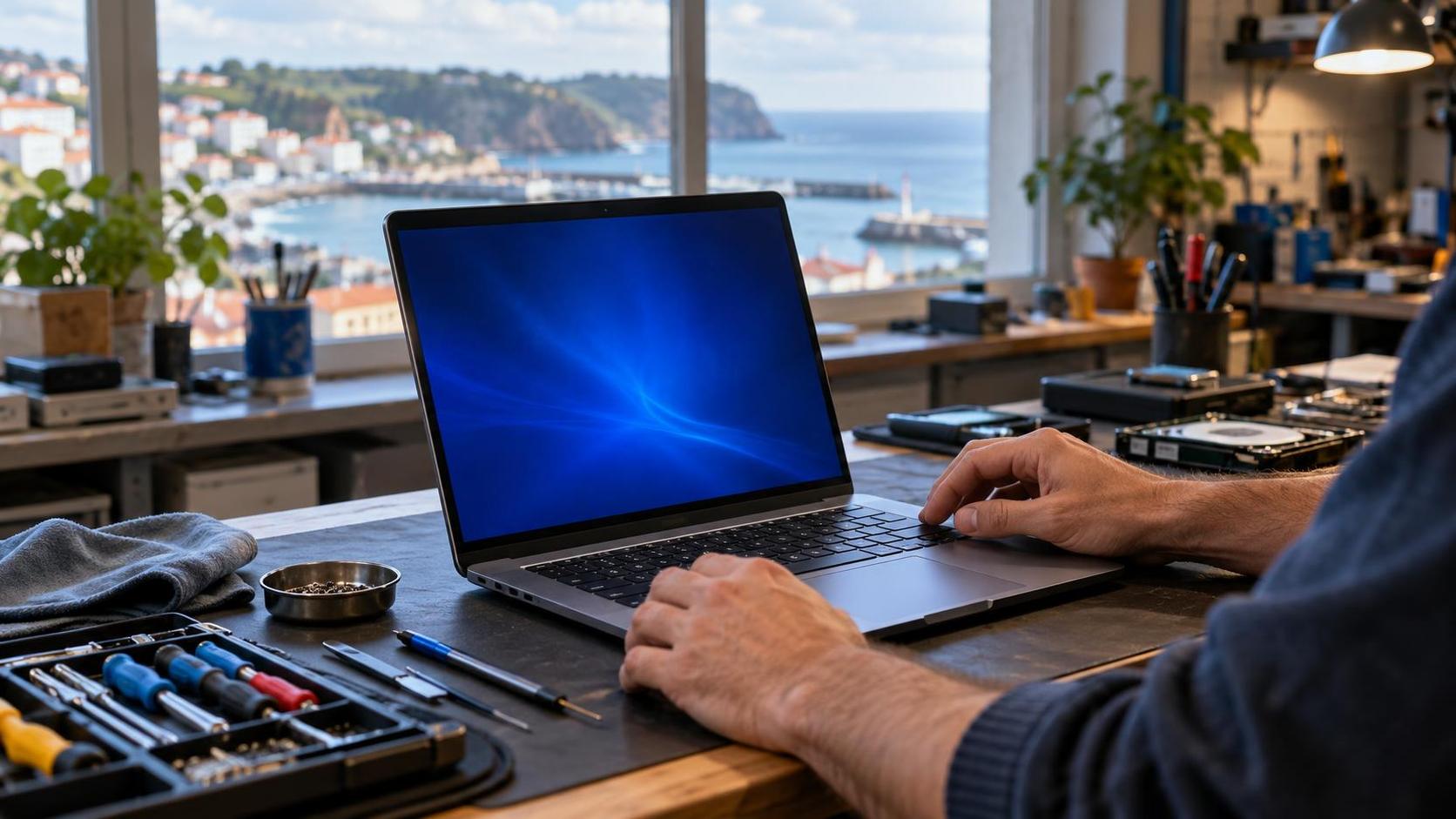 Técnico revisando un portátil con la pantalla azul en un taller de informática