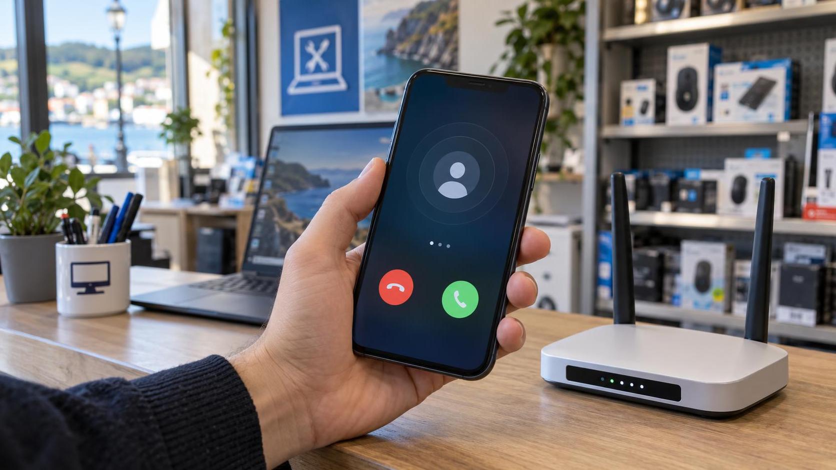 Mano sosteniendo un móvil con una llamada entrante junto a un router en una tienda de informática
