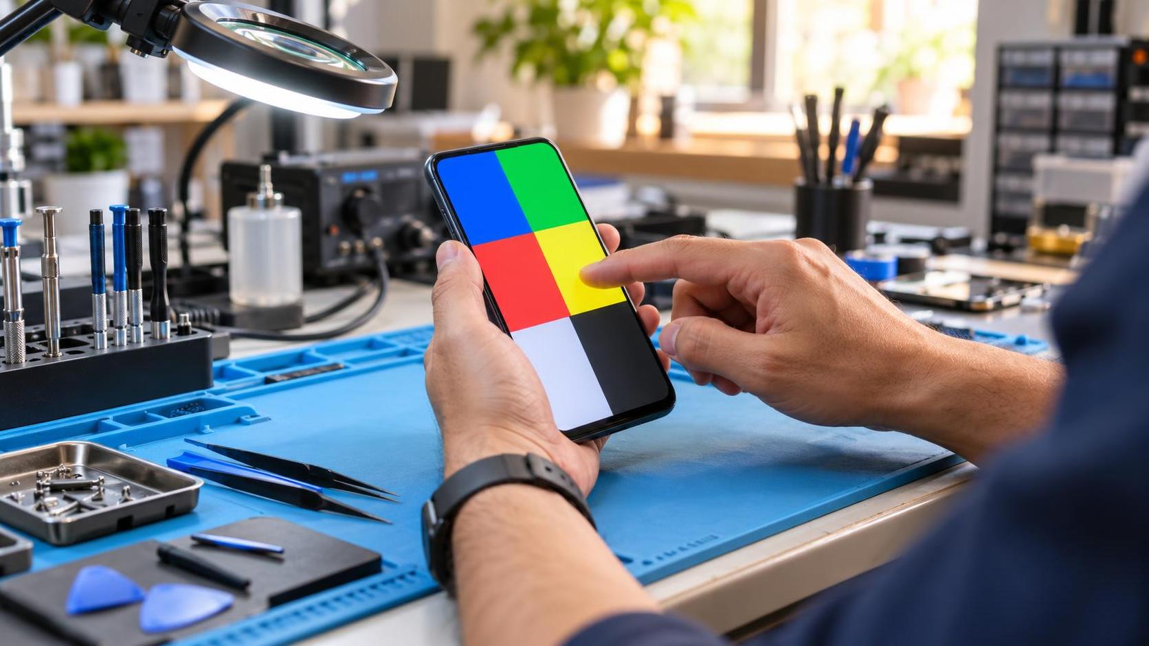 Técnico comprobando la pantalla de un móvil en un banco de reparación
