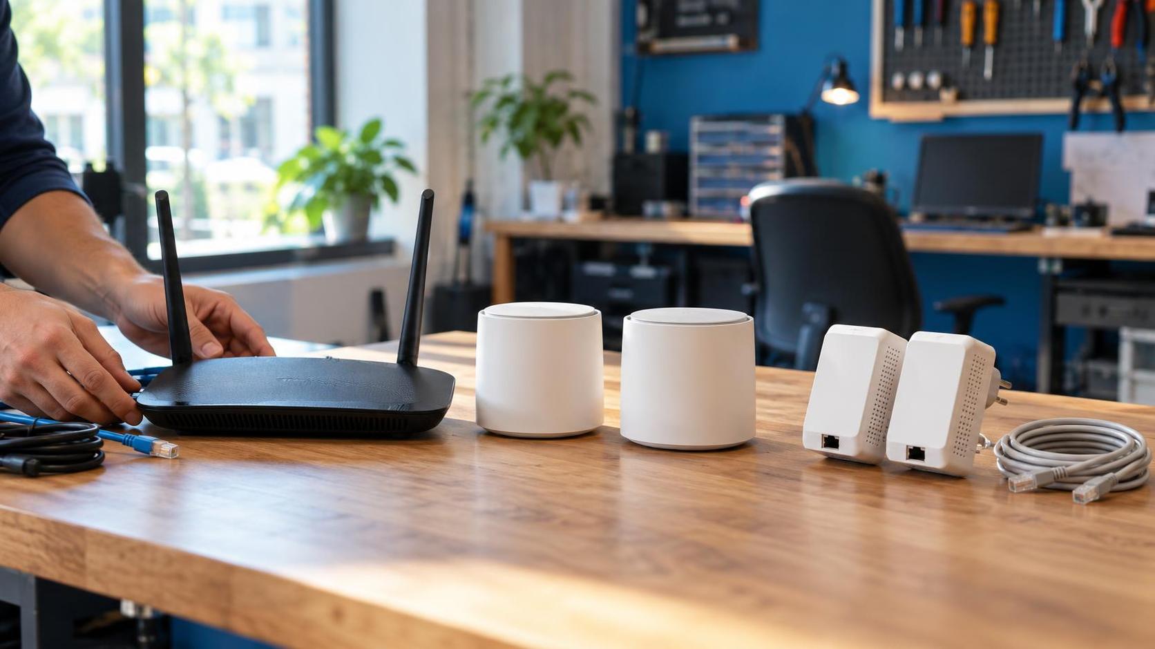 Router, nodos Wi-Fi mesh y adaptadores PLC sobre el mostrador de un taller informático