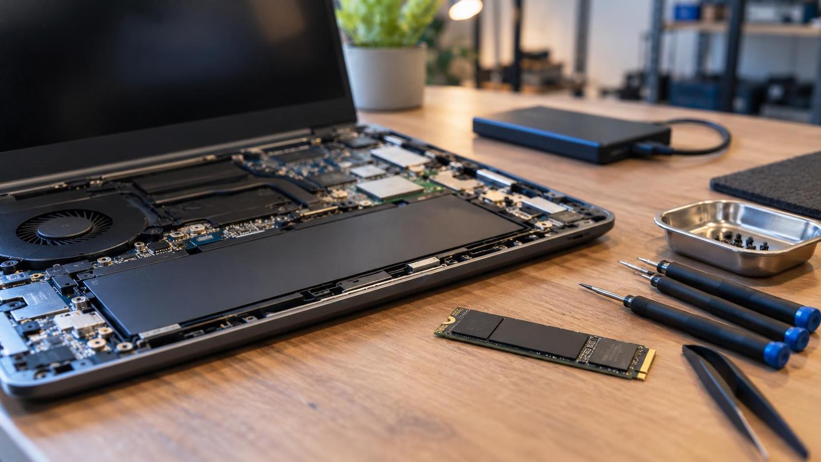 Portátil abierto junto a un SSD M.2 y herramientas de diagnóstico en un taller informático