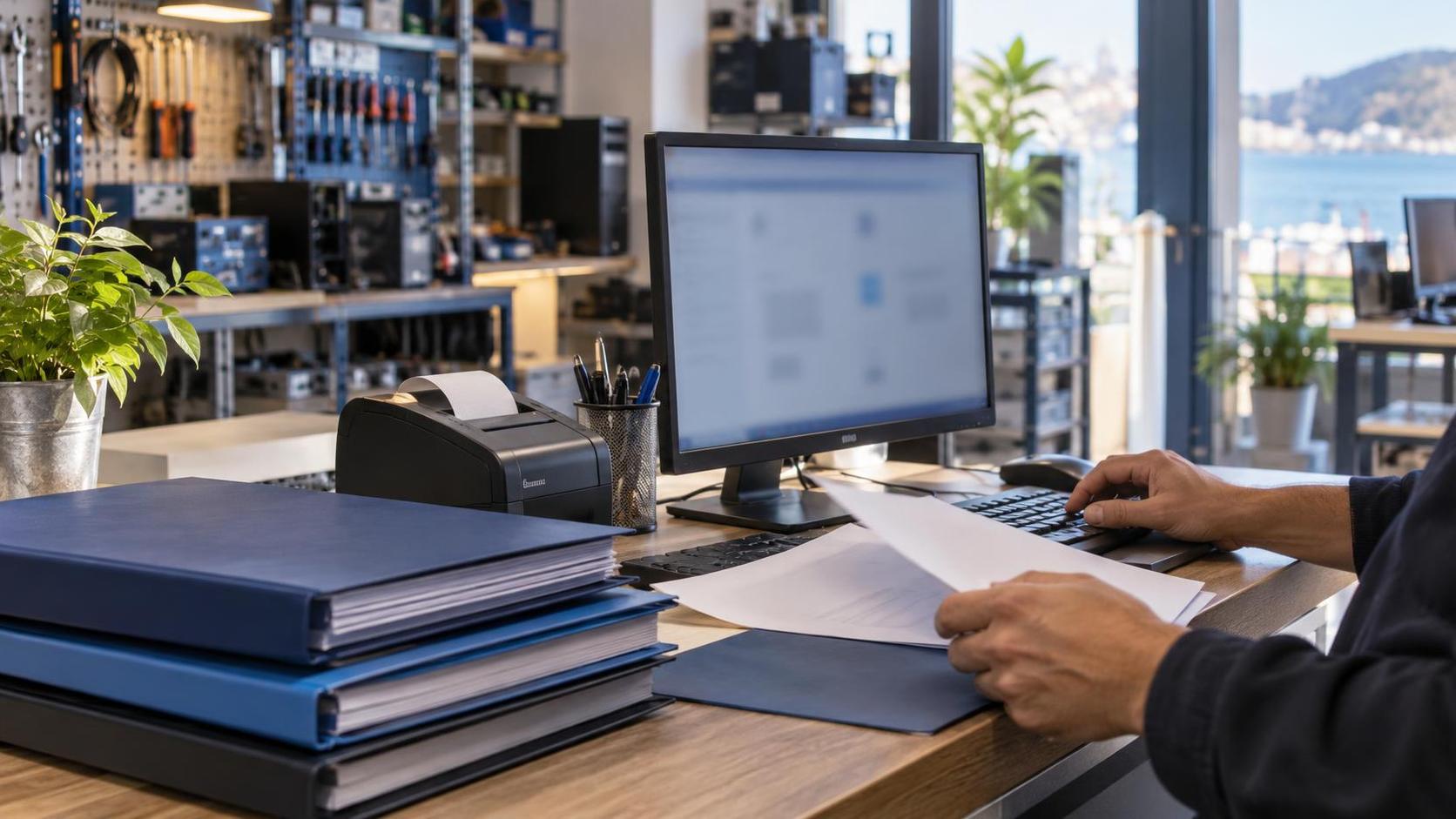 Mostrador de tienda de informática con ordenador, papeles de facturación e impresora de tickets