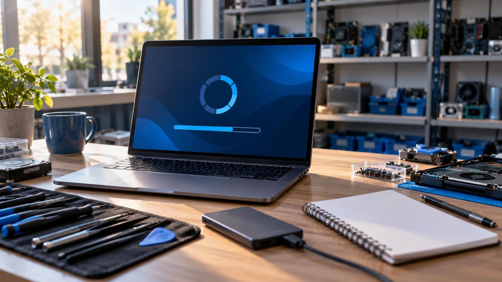 Portátil en un taller de informática durante una actualización de Windows, con herramientas y disco externo sobre el mostrador