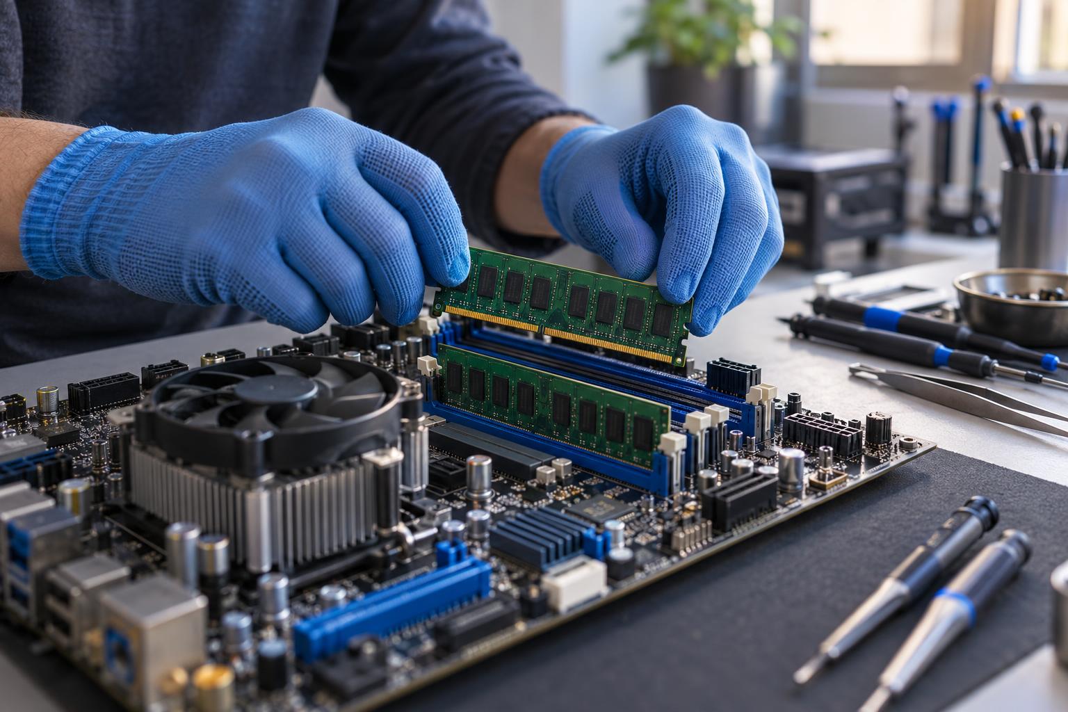 Técnico instalando un módulo de memoria RAM en la placa base de un ordenador